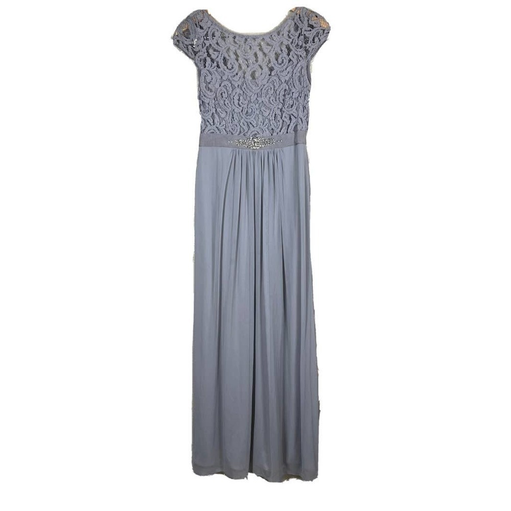 Adrianna Papell Gown Short Sleeve Lace Stretch Tulle Silver Jewel Waist‎ Size 6 - Picture 2 of 15